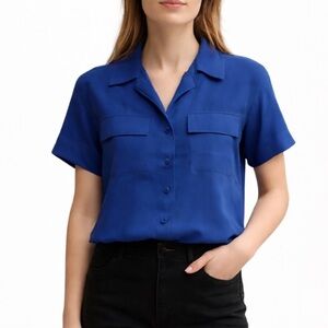 Marcs- 100% Silk Slightly Cropped Purple Button Down Short Sleeve Blouse